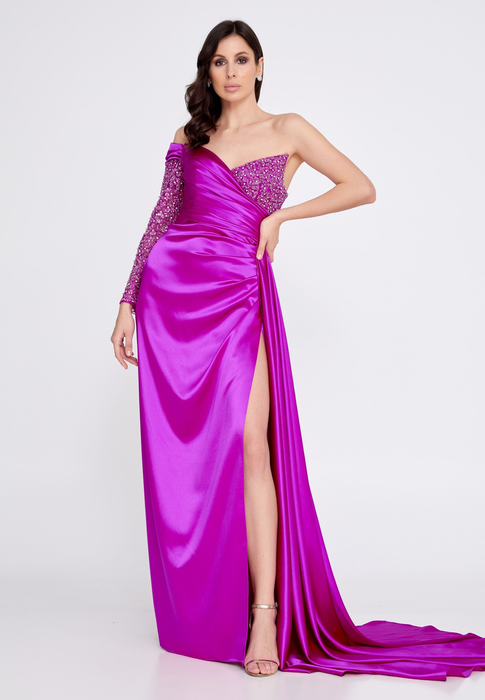 One Shoulder Maxi Satin Column Regular Wedding Guest Dress aln1501