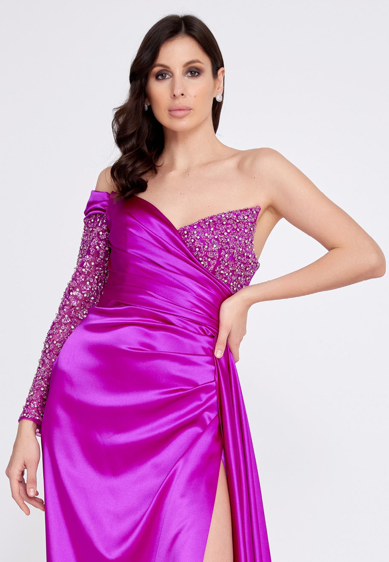 One Shoulder Maxi Satin Column Regular Wedding Guest Dress aln1501
