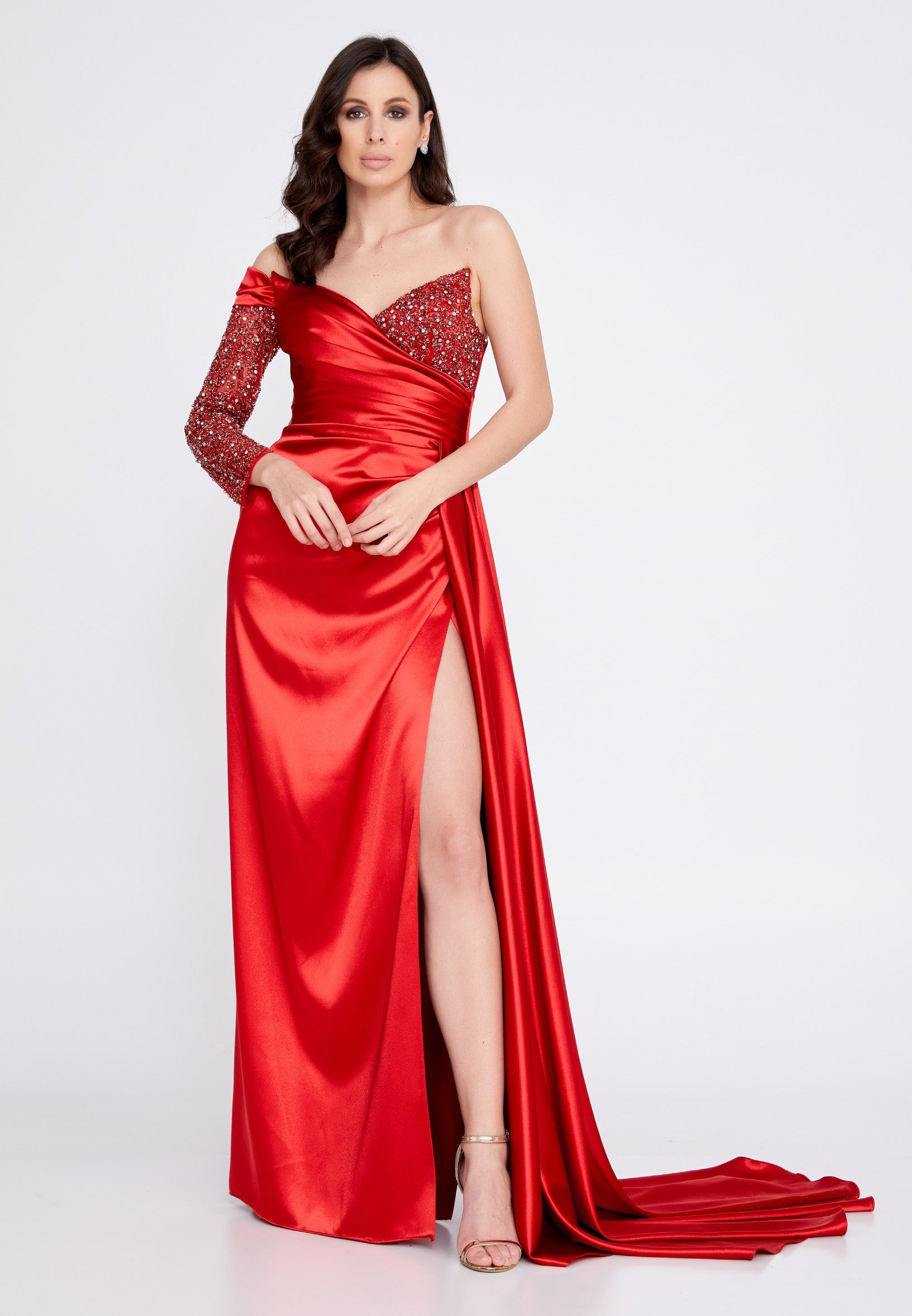 One Shoulder Maxi Satin Column Regular Wedding Guest Dress aln1501