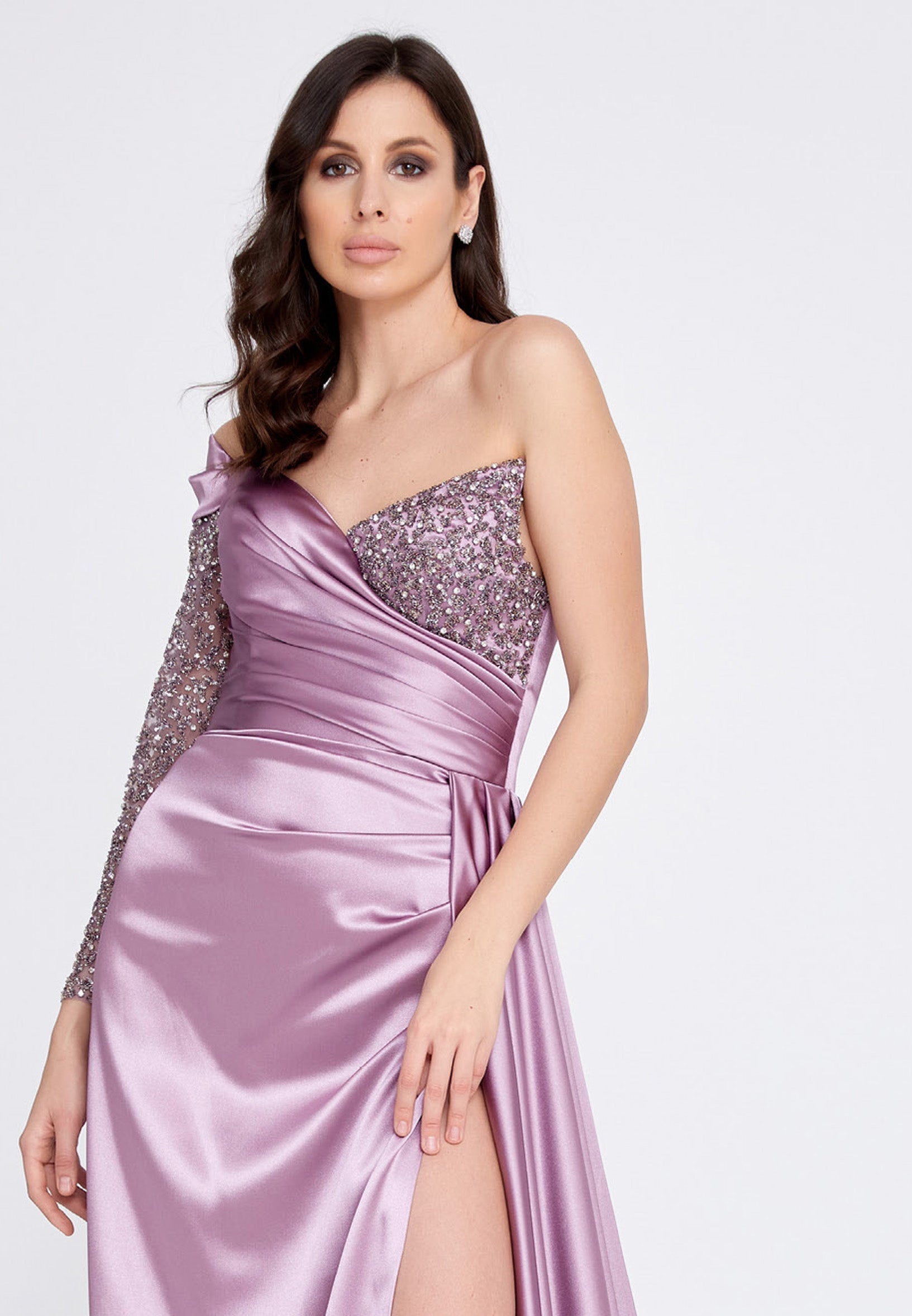 One Shoulder Maxi Satin Column Regular Wedding Guest Dress aln1501