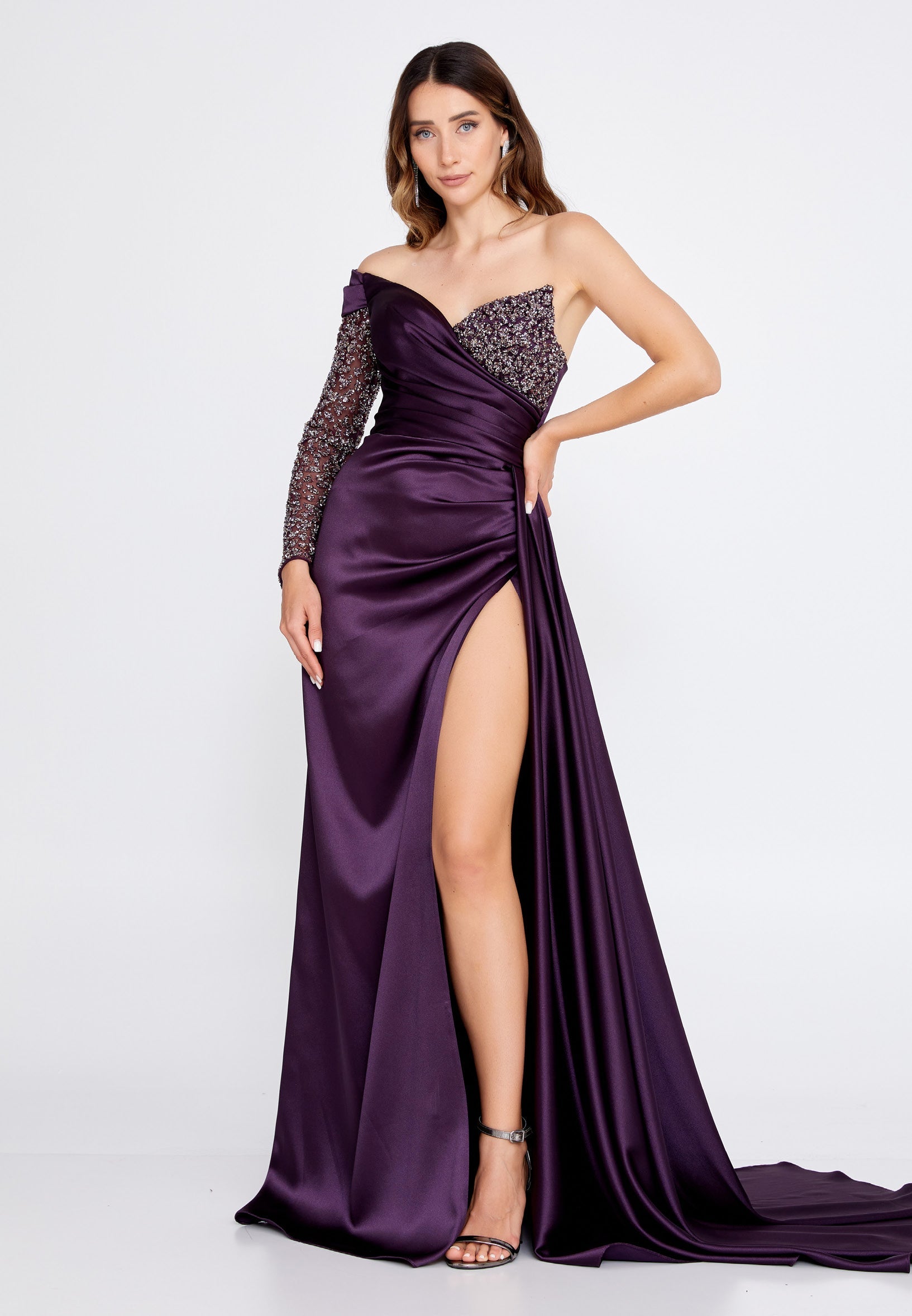 One Shoulder Maxi Satin Column Regular Wedding Guest Dress aln1501