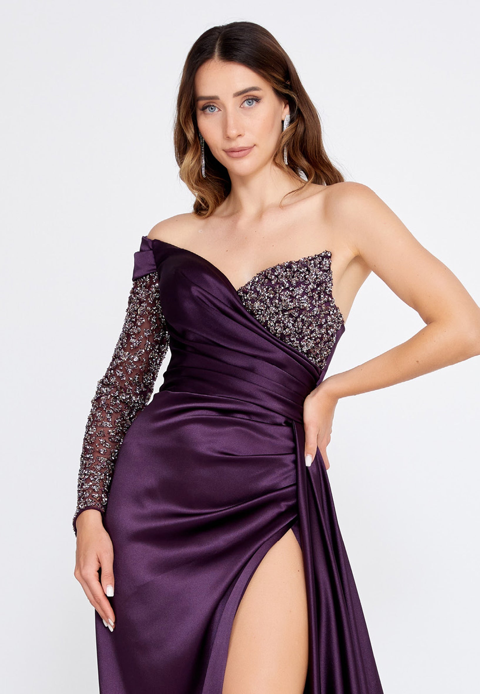 One Shoulder Maxi Satin Column Regular Wedding Guest Dress aln1501