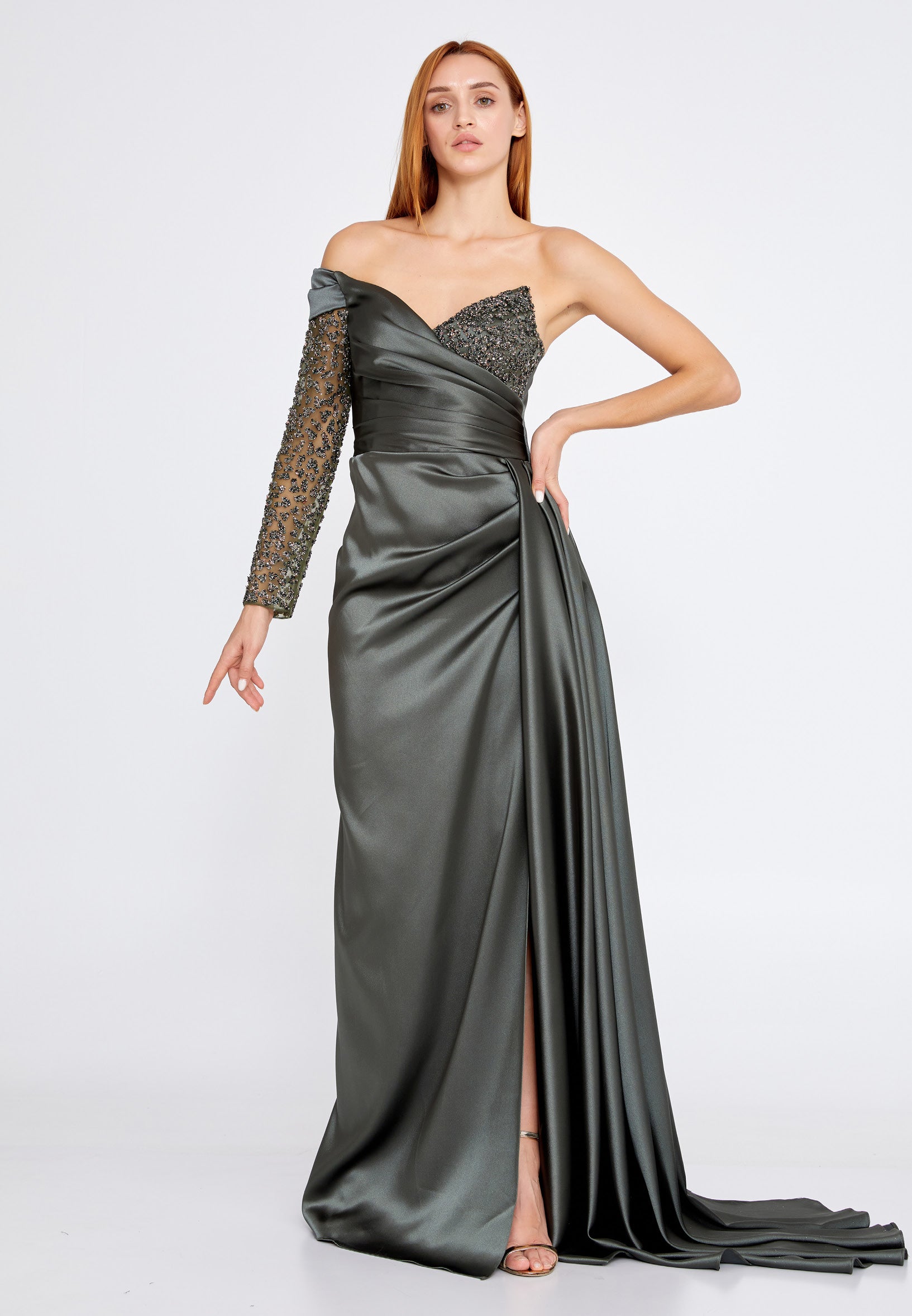 One Shoulder Maxi Satin Column Regular Wedding Guest Dress aln1501