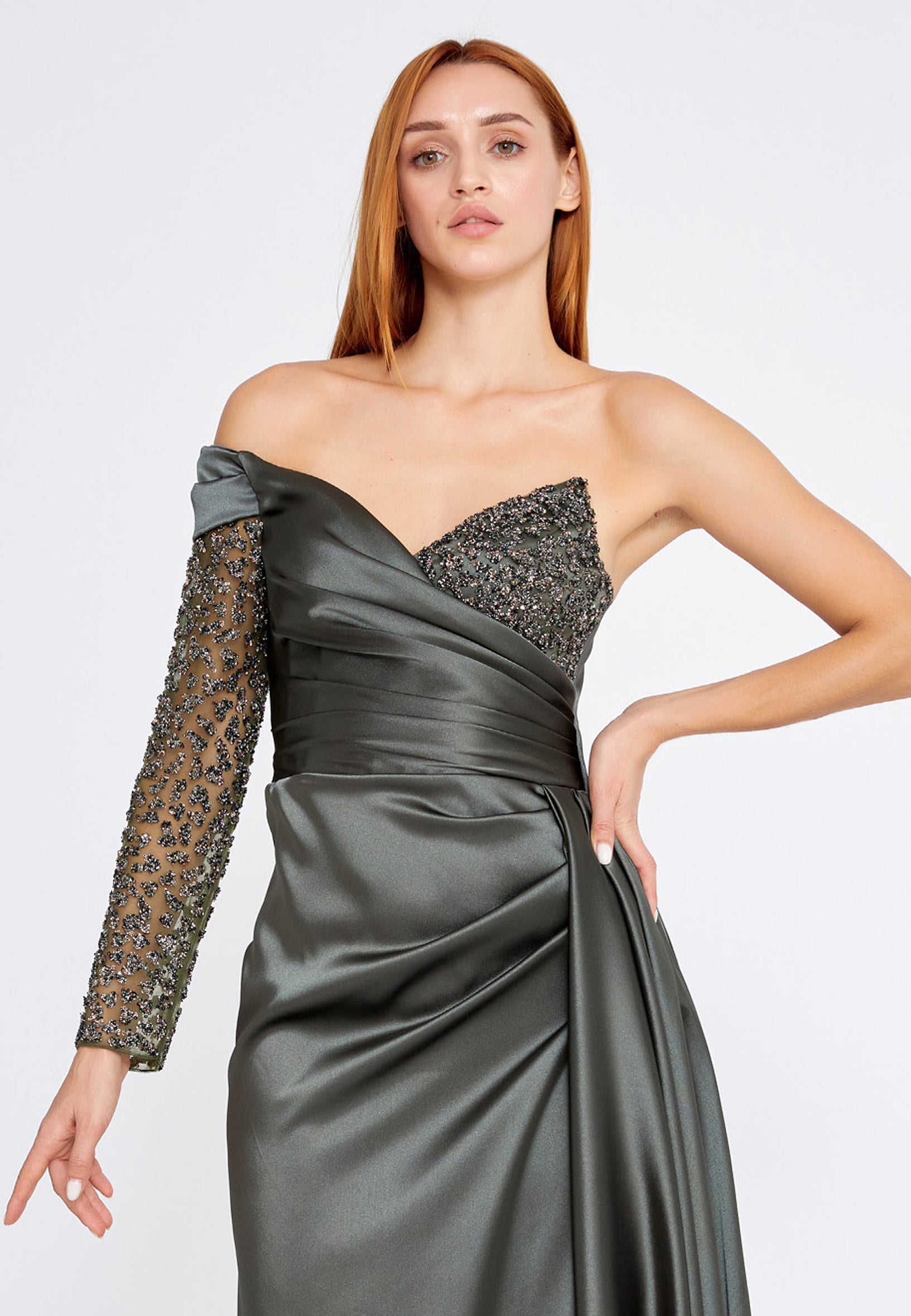 One Shoulder Maxi Satin Column Regular Wedding Guest Dress aln1501
