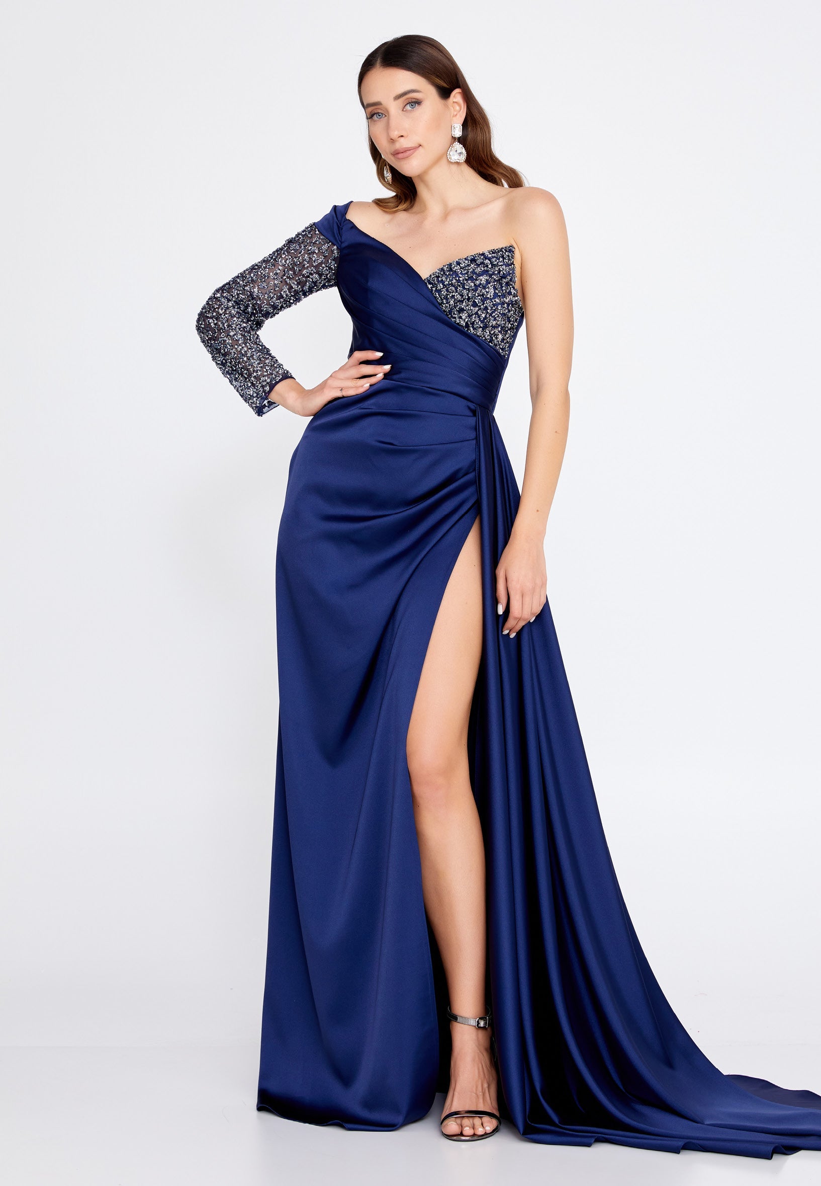 One Shoulder Maxi Satin Column Regular Wedding Guest Dress aln1501