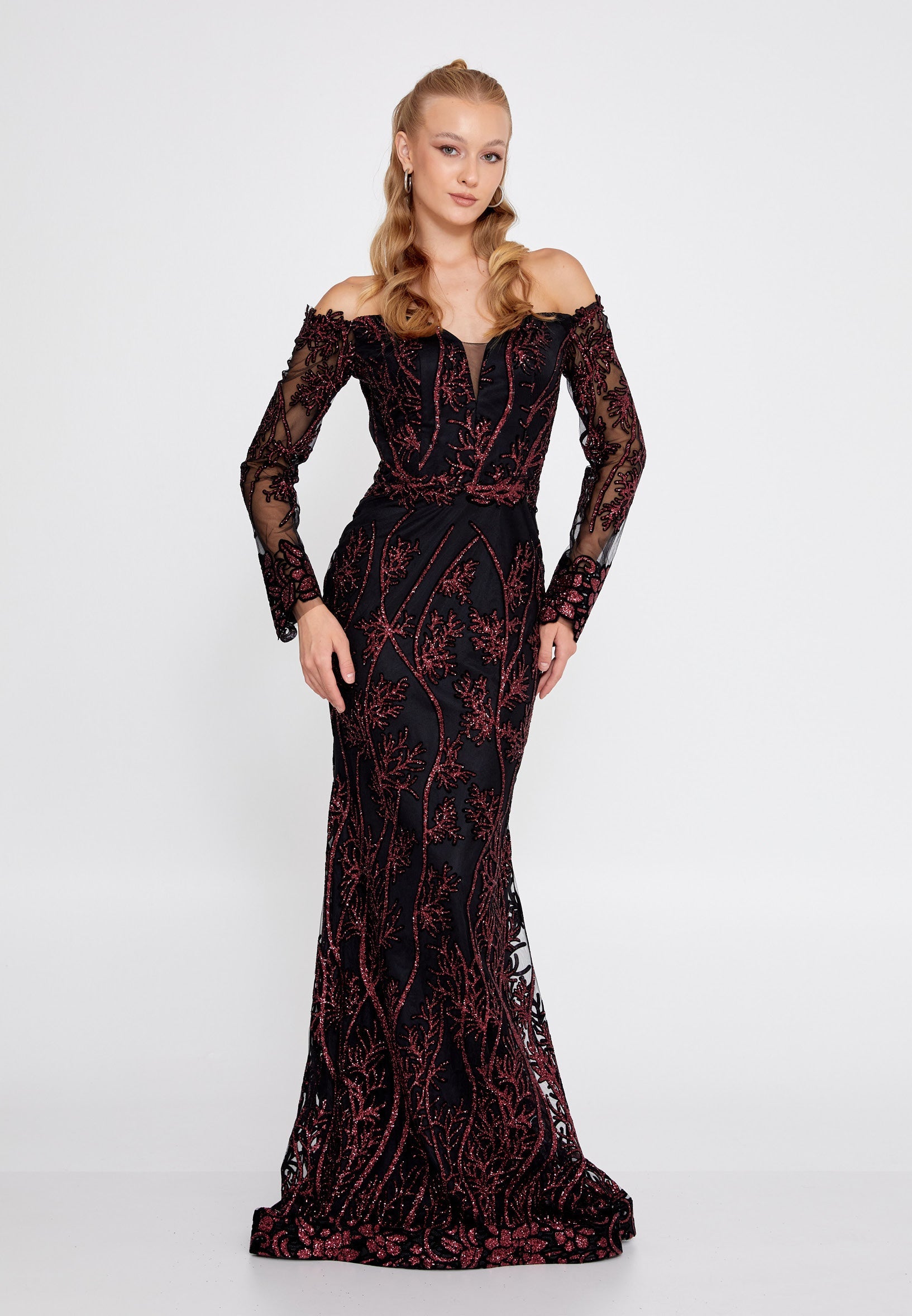 Off Shoulder Maxi Tulle Mermaid Regular Evening Dress rmn3090