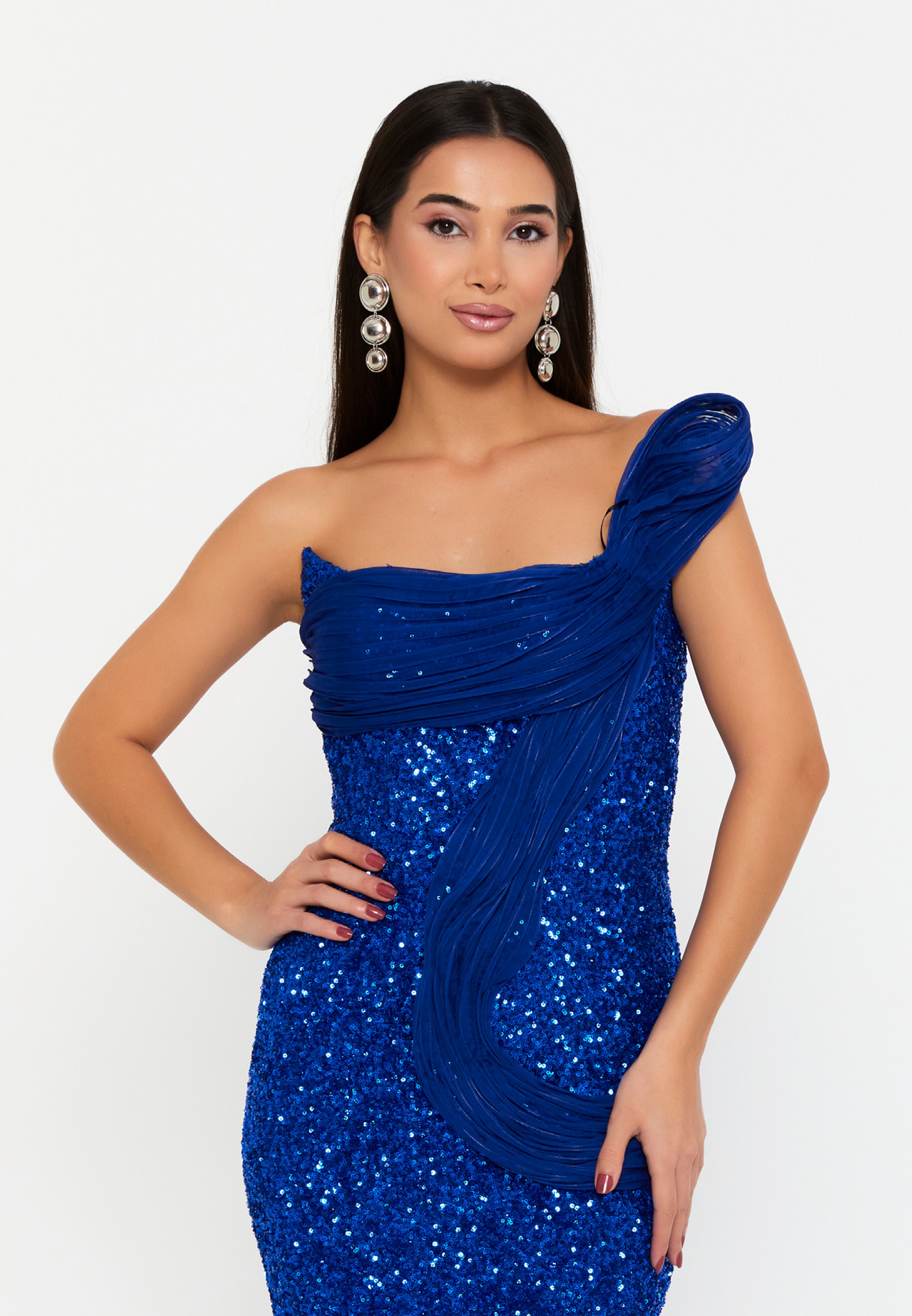 One Shoulder Maxi Sequin Mermaid Regular Wedding Guest Dress ren6268