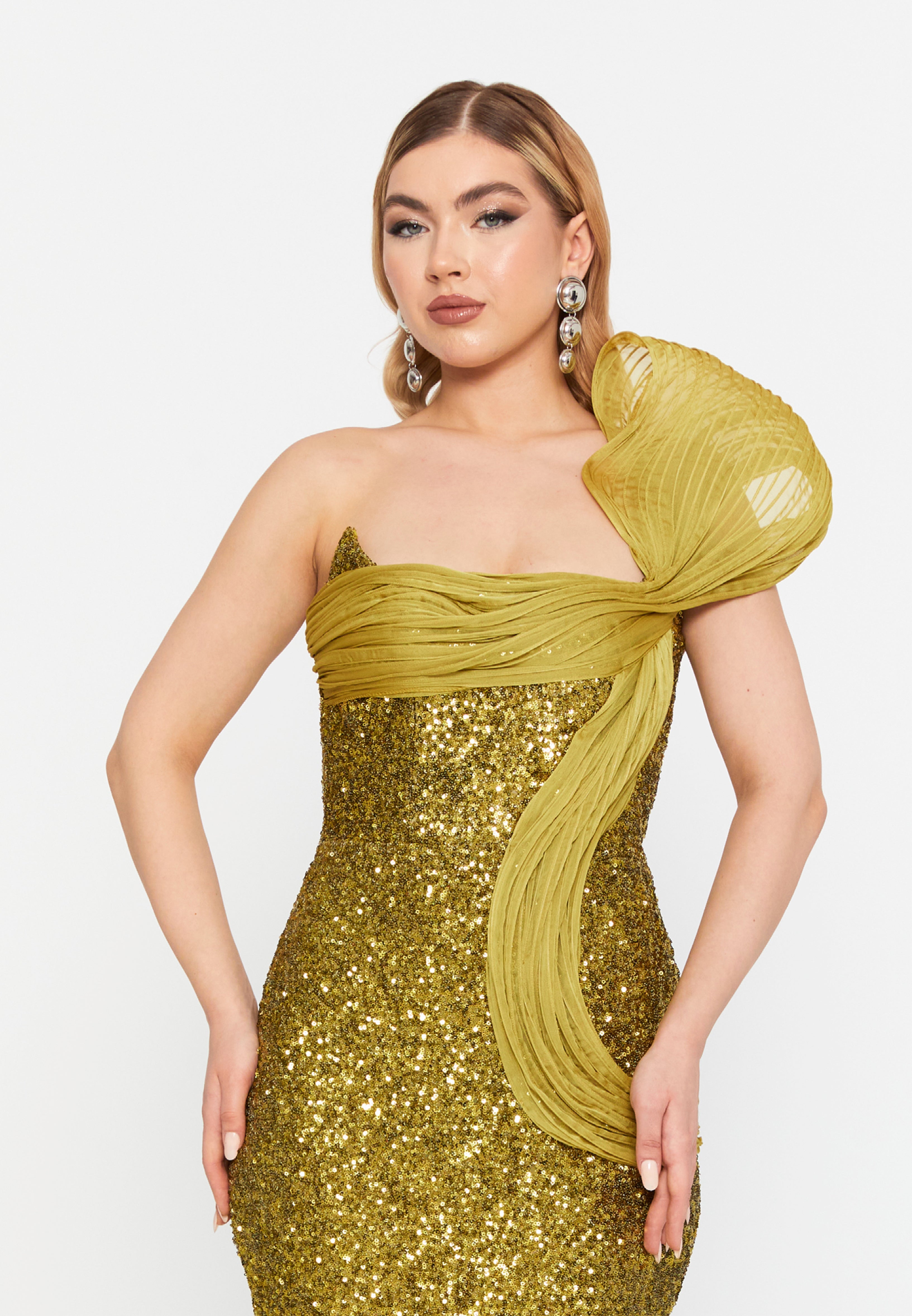 One Shoulder Maxi Sequin Mermaid Regular Wedding Guest Dress ren6268