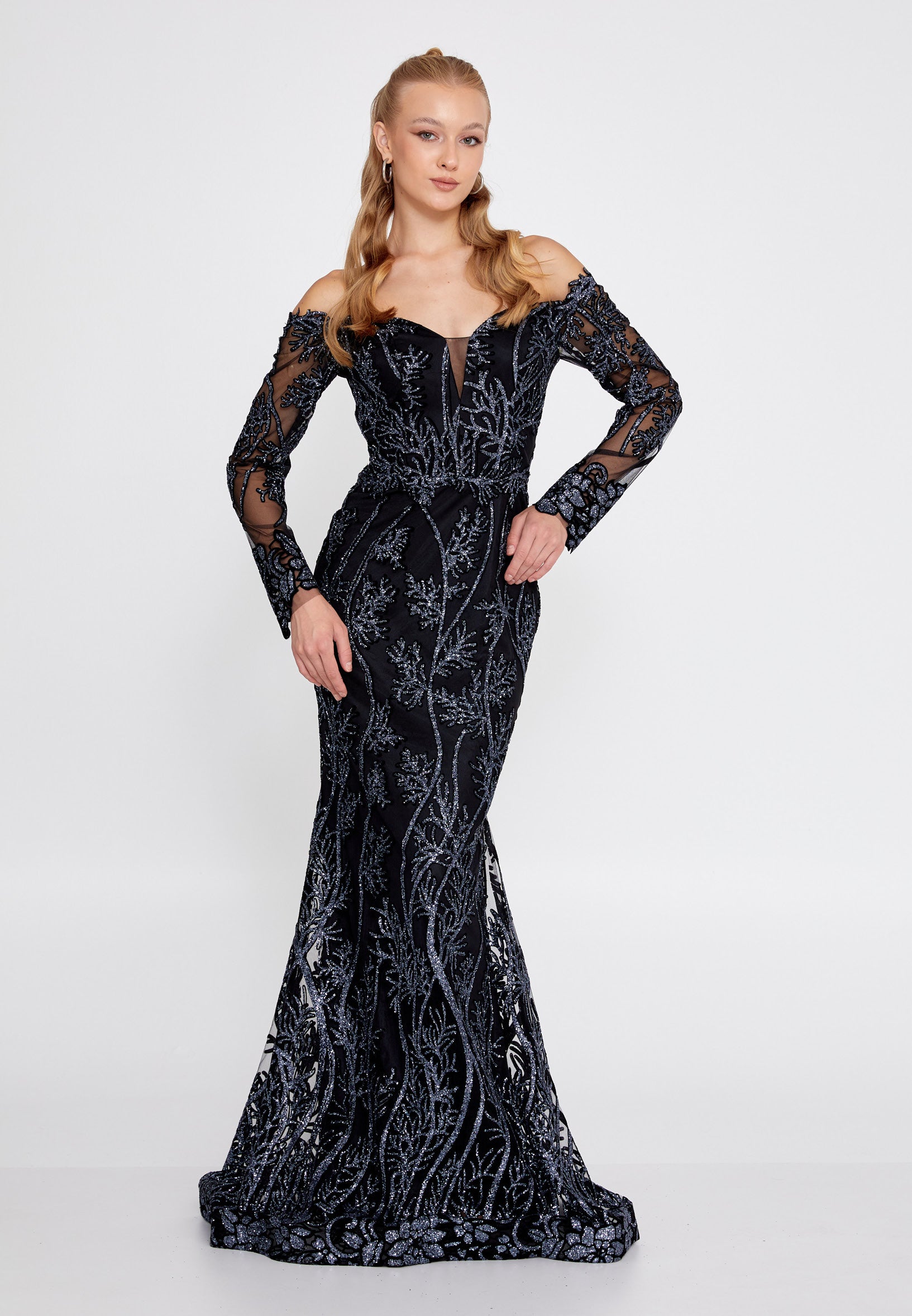 Off Shoulder Maxi Tulle Mermaid Regular Evening Dress rmn3090