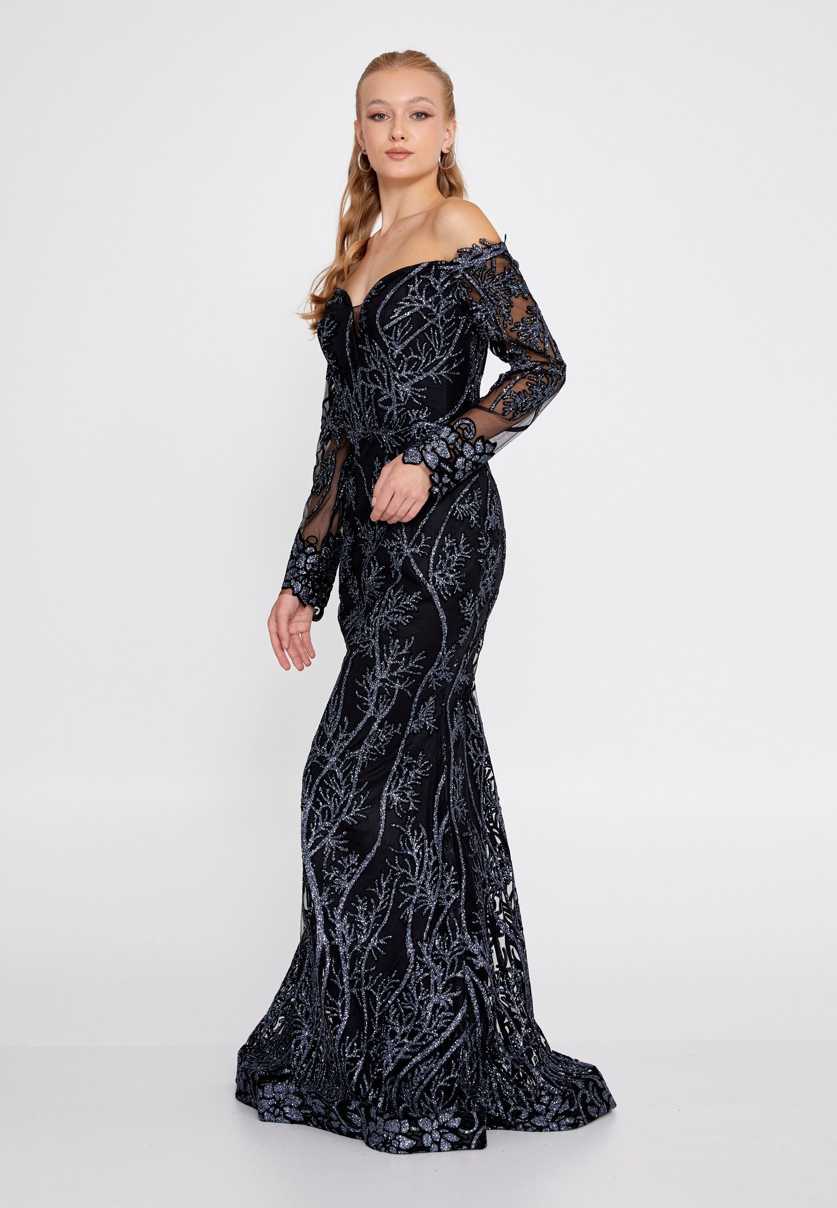 Off Shoulder Maxi Tulle Mermaid Regular Evening Dress rmn3090