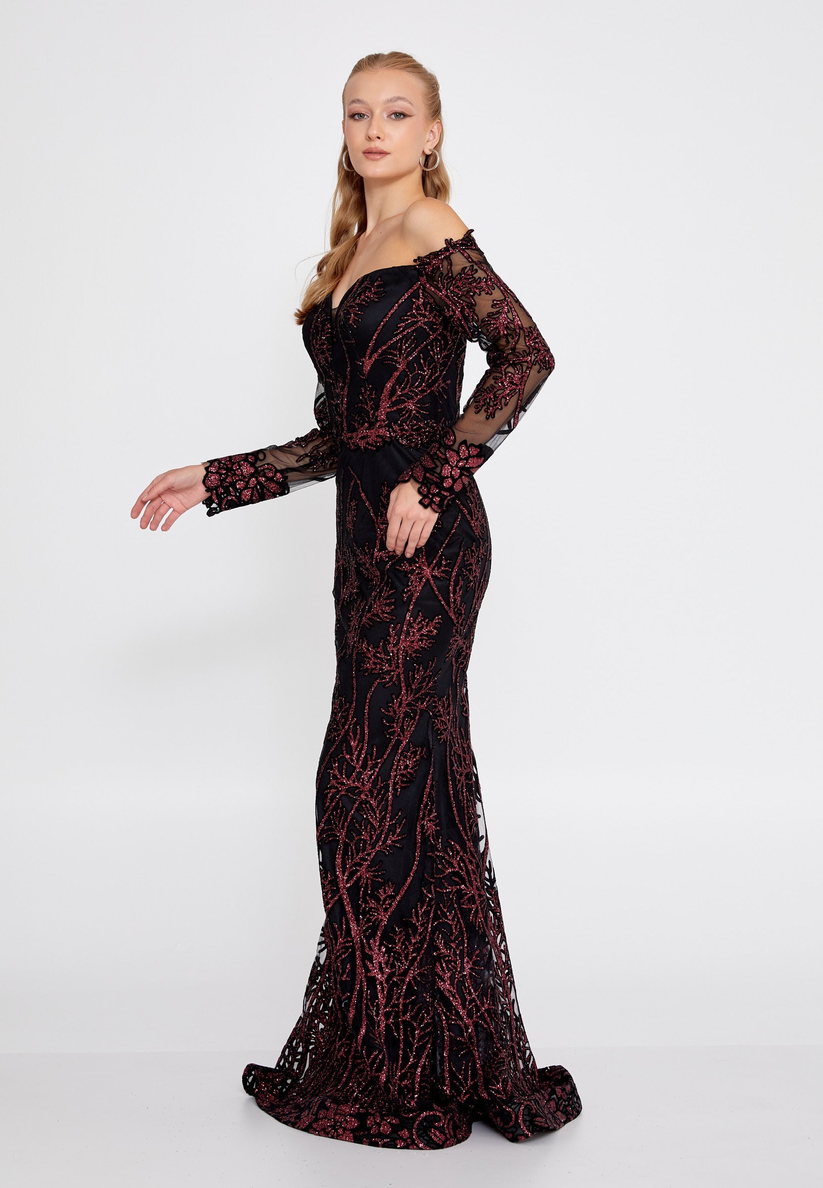 Off Shoulder Maxi Tulle Mermaid Regular Evening Dress rmn3090
