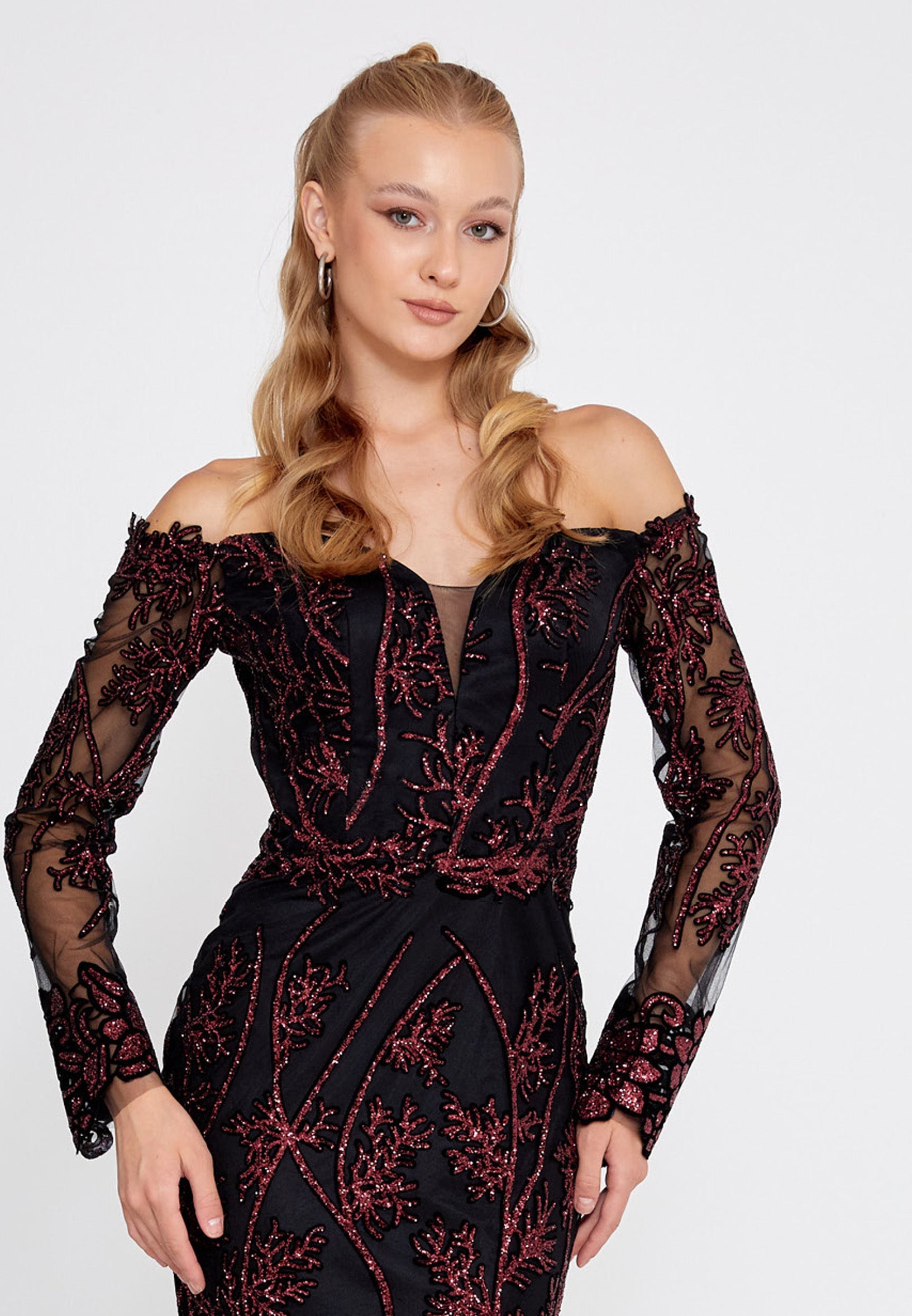 Off Shoulder Maxi Tulle Mermaid Regular Evening Dress rmn3090